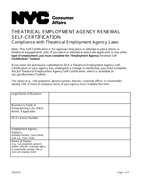 Theatrical Employment Agency Renewal Self-certification - New York City Download Pdf
