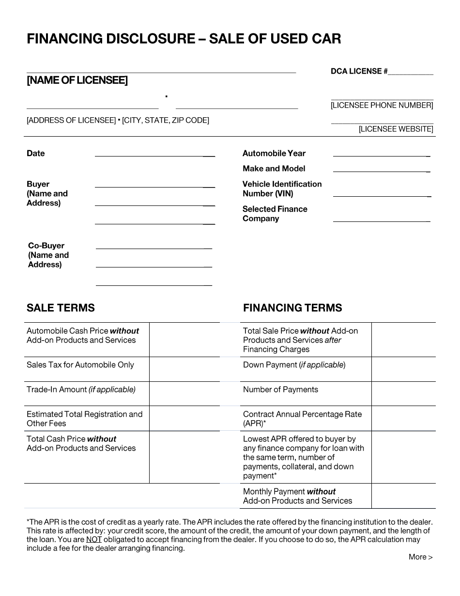 Financing Disclosure - Sale of Used Car - New York City, Page 1