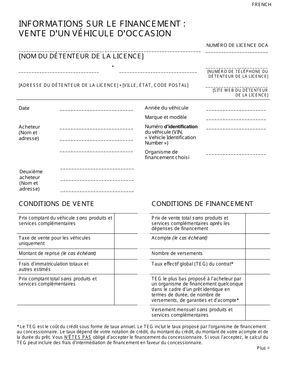 New York City Financing Disclosure Sale of Used Car (French) Fill