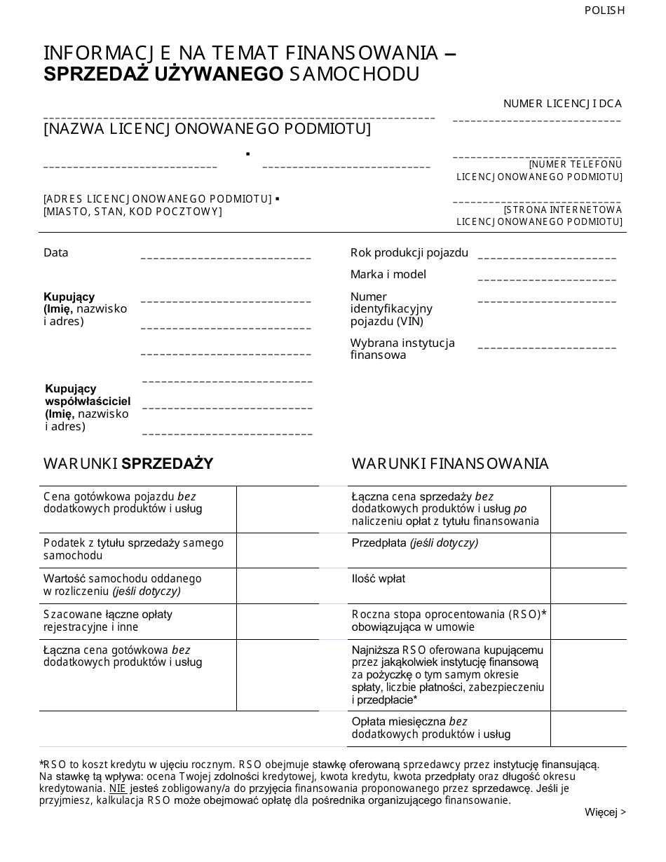 Financing Disclosure - Sale of Used Car - New York City (Polish), Page 1