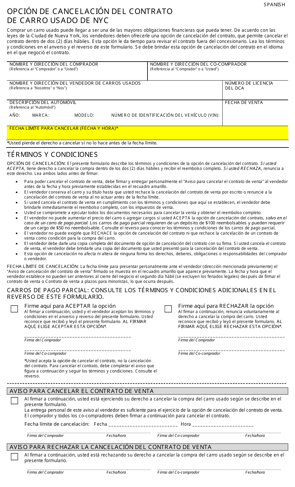 Opcion De Cancelacion Del Contrato De Carro Usado De Nyc - New York City (Spanish), Page 1