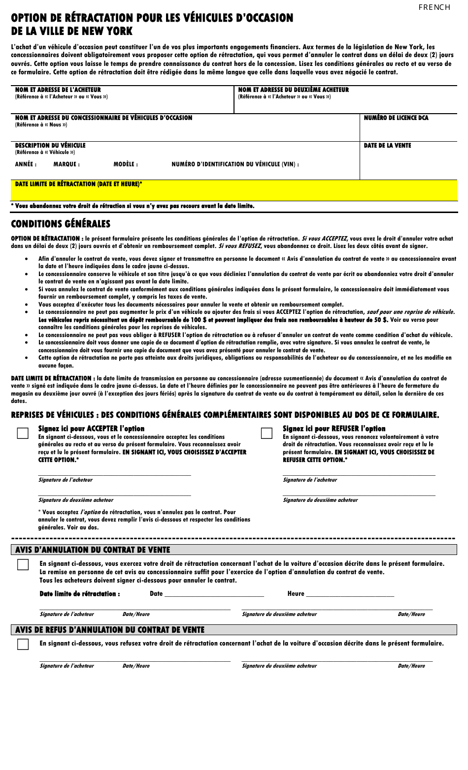 Nyc Used Car Contract Cancellation Option - New York City (French), Page 1