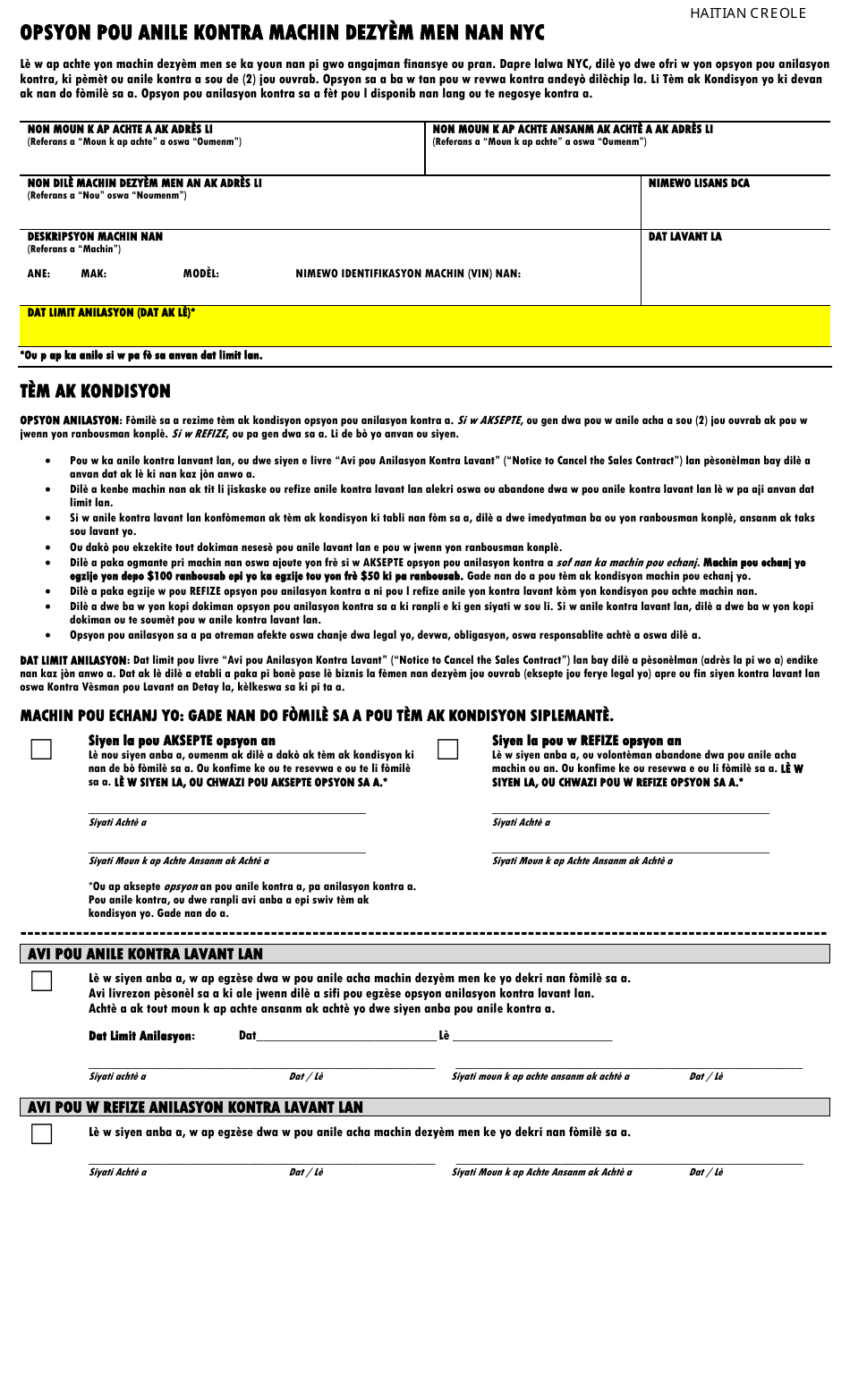 Nyc Used Car Contract Cancellation Option - New York City (Haitian Creole), Page 1