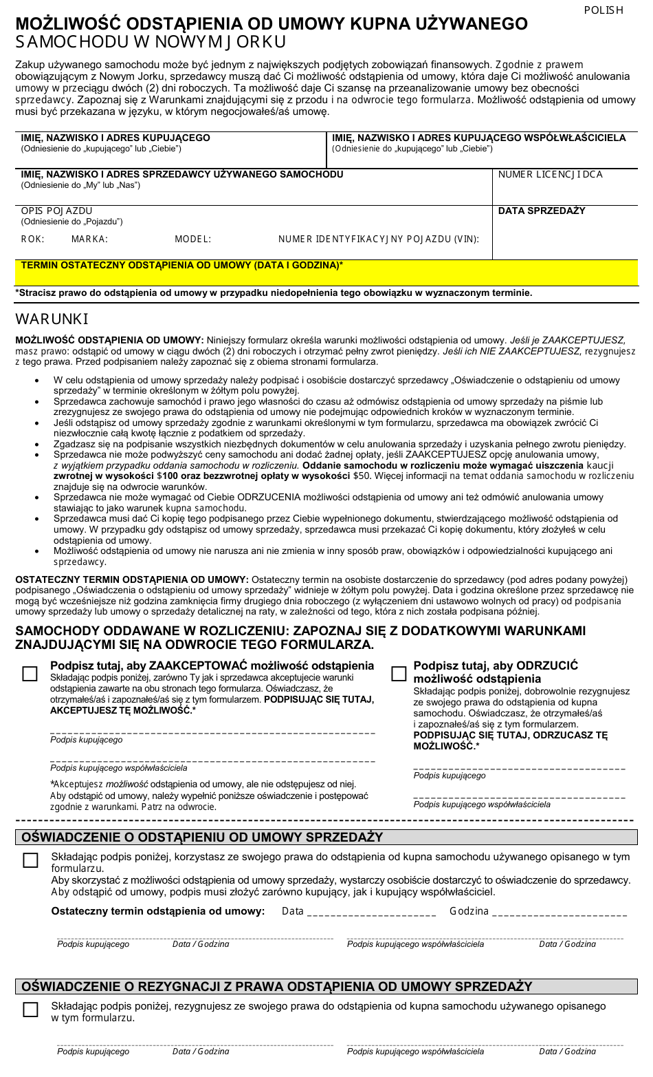 Nyc Used Car Contract Cancellation Option - New York City (Polish), Page 1