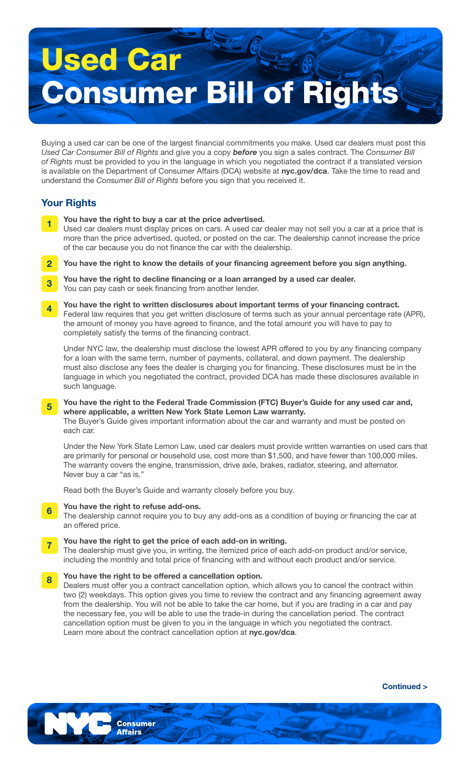 Used Car Consumer Bill of Rights - New York City, Page 1