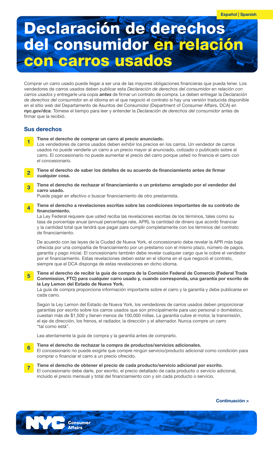 Declaracion De Derechos Del Consumidor En Relacion Con Carros Usados - New York City (Spanish), Page 1