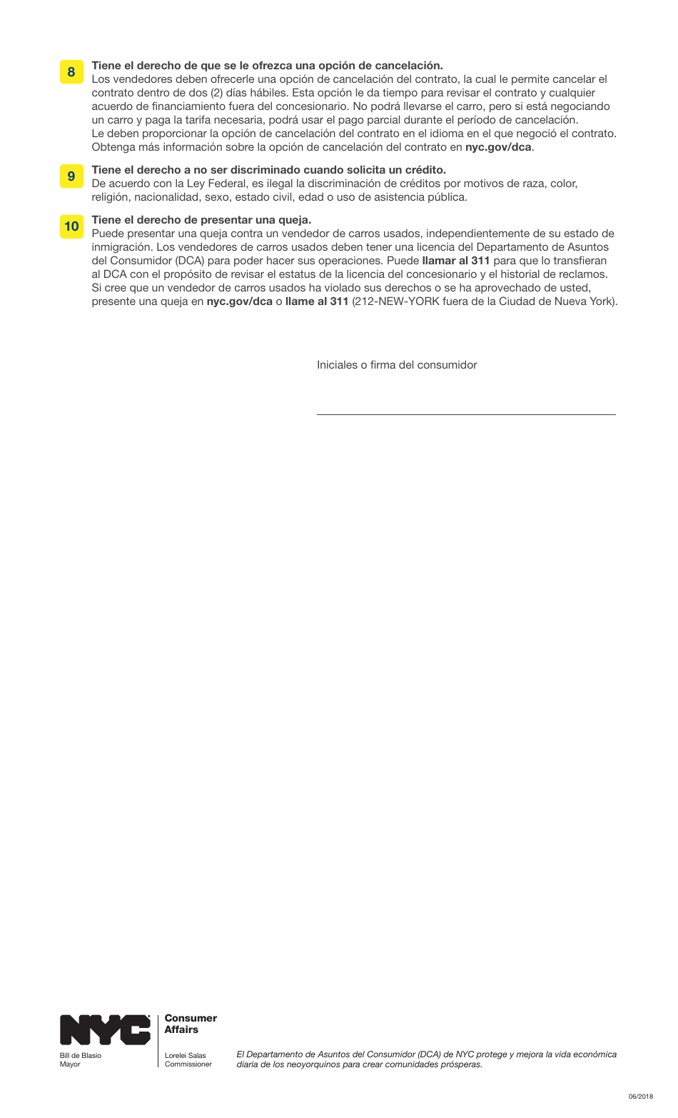 Declaracion De Derechos Del Consumidor En Relacion Con Carros Usados - New York City (Spanish), Page 2