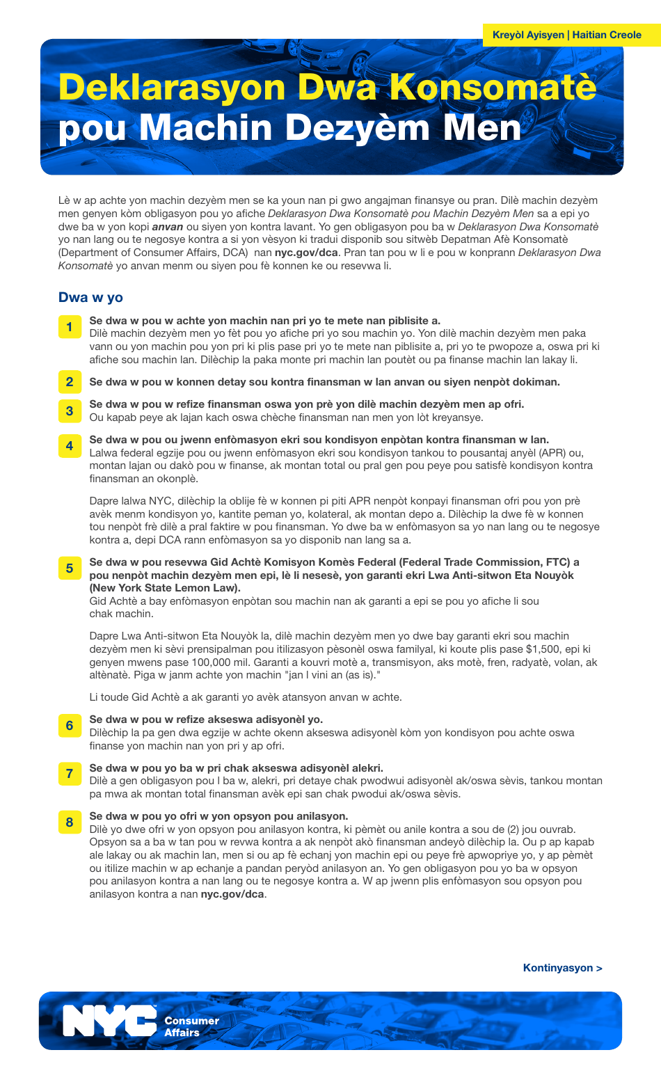 Used Car Consumer Bill of Rights - New York City (Haitian Creole), Page 1