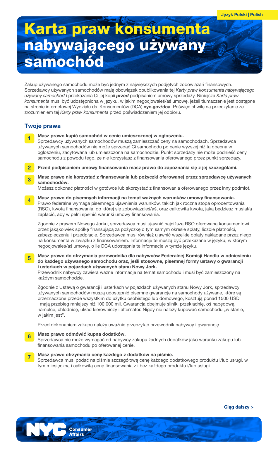 Used Car Consumer Bill of Rights - New York City (Polish), Page 1