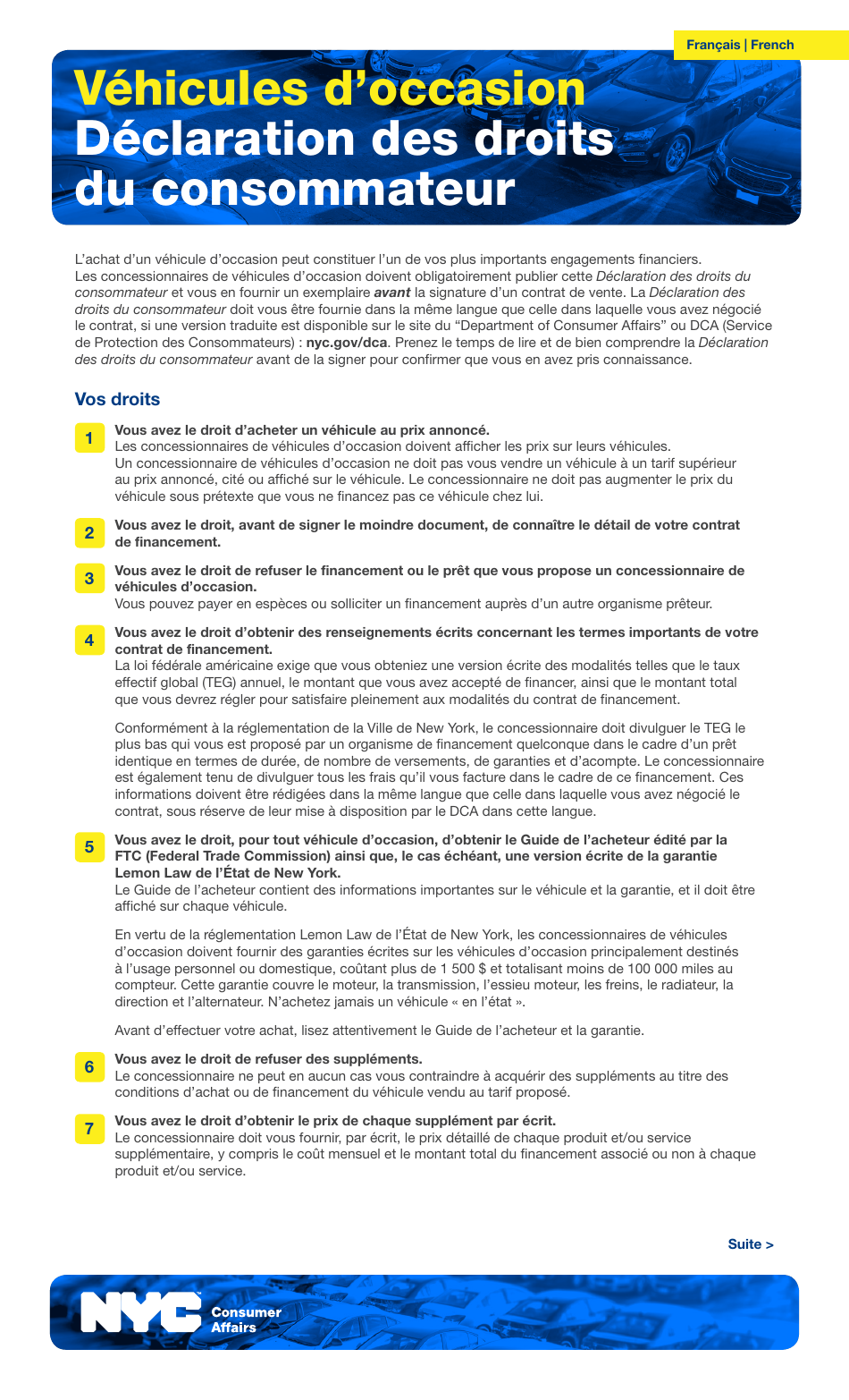 Used Car Consumer Bill of Rights - New York City (French), Page 1