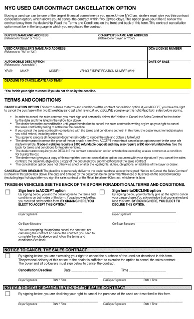 Nyc Used Car Contract Cancellation Option - New York City Download Pdf