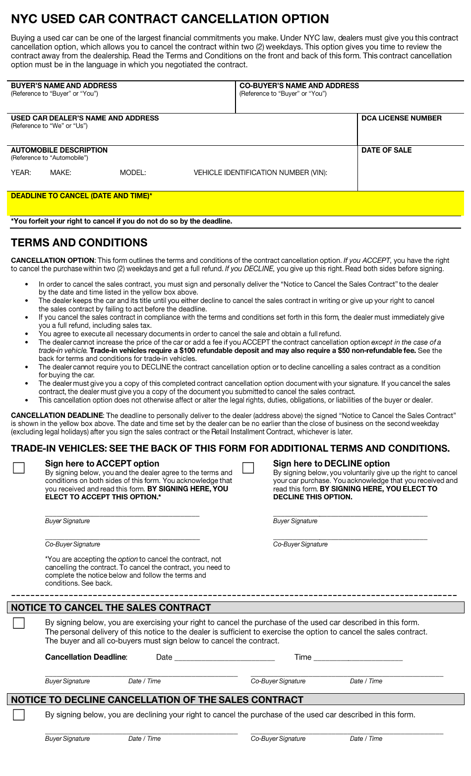 Nyc Used Car Contract Cancellation Option - New York City, Page 1