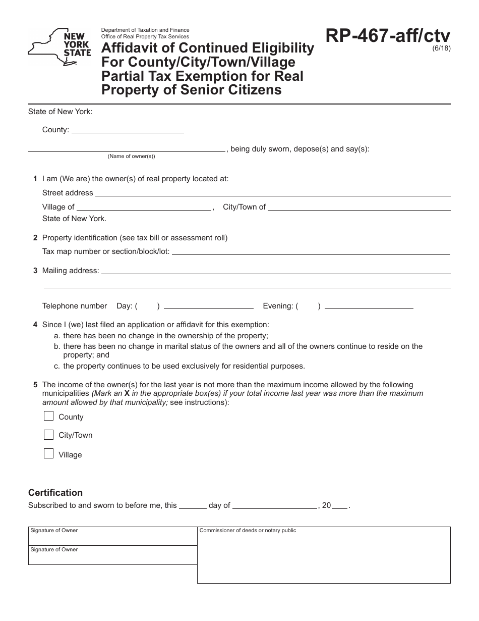 Form RP-467-AFF / CTV Affidavit of Continued Eligibility for County / City / Town / Village Partial Tax Exemption for Real Property of Senior Citizens - New York, Page 1