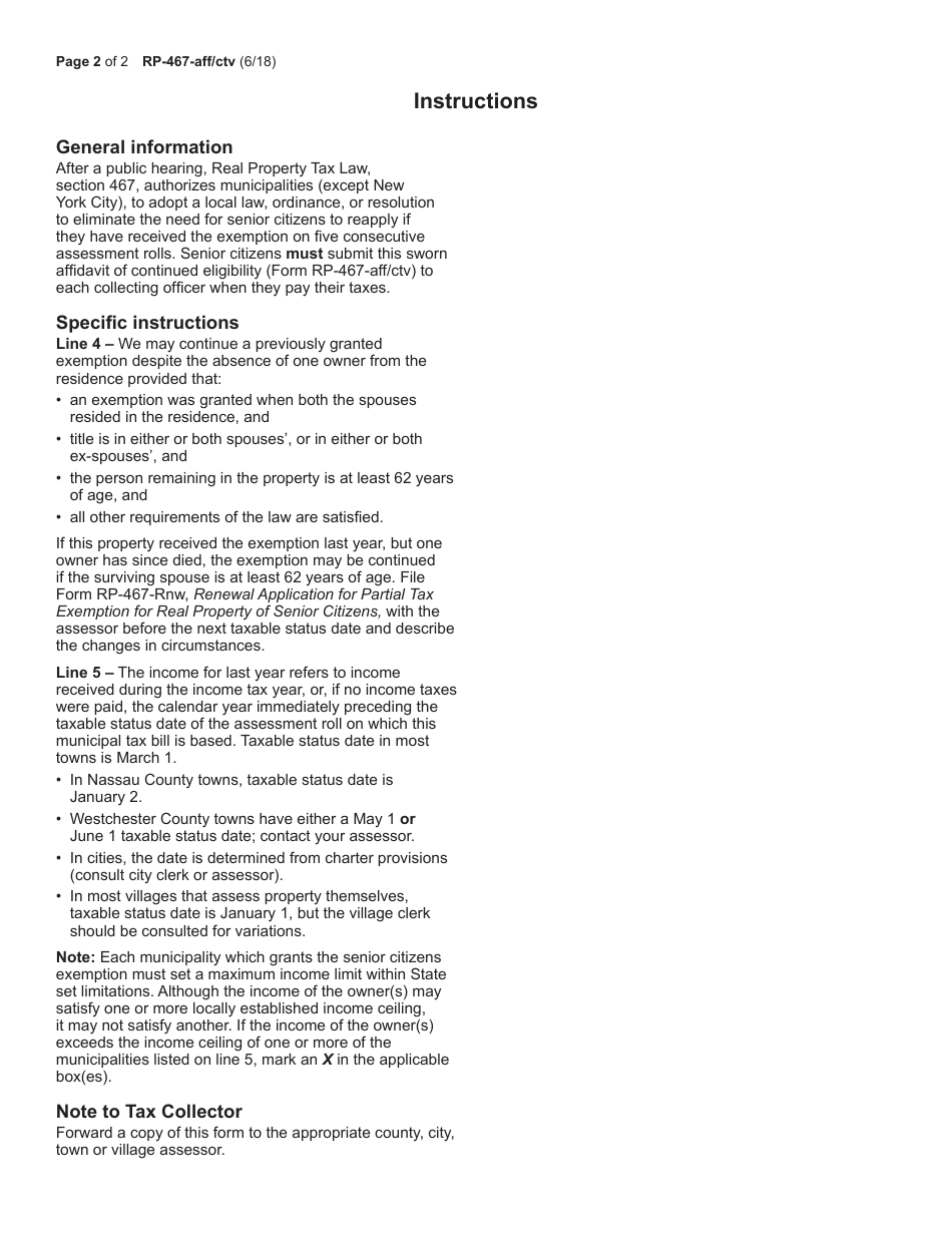 Form RP-467-AFF / CTV Affidavit of Continued Eligibility for County / City / Town / Village Partial Tax Exemption for Real Property of Senior Citizens - New York, Page 2