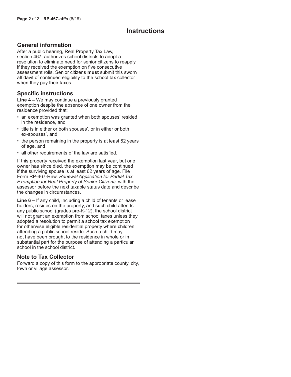 Form RP-467-AFF / S Affidavit of Continued Eligibility for Partial School Tax Exemption for Real Property of Senior Citizens - New York, Page 2