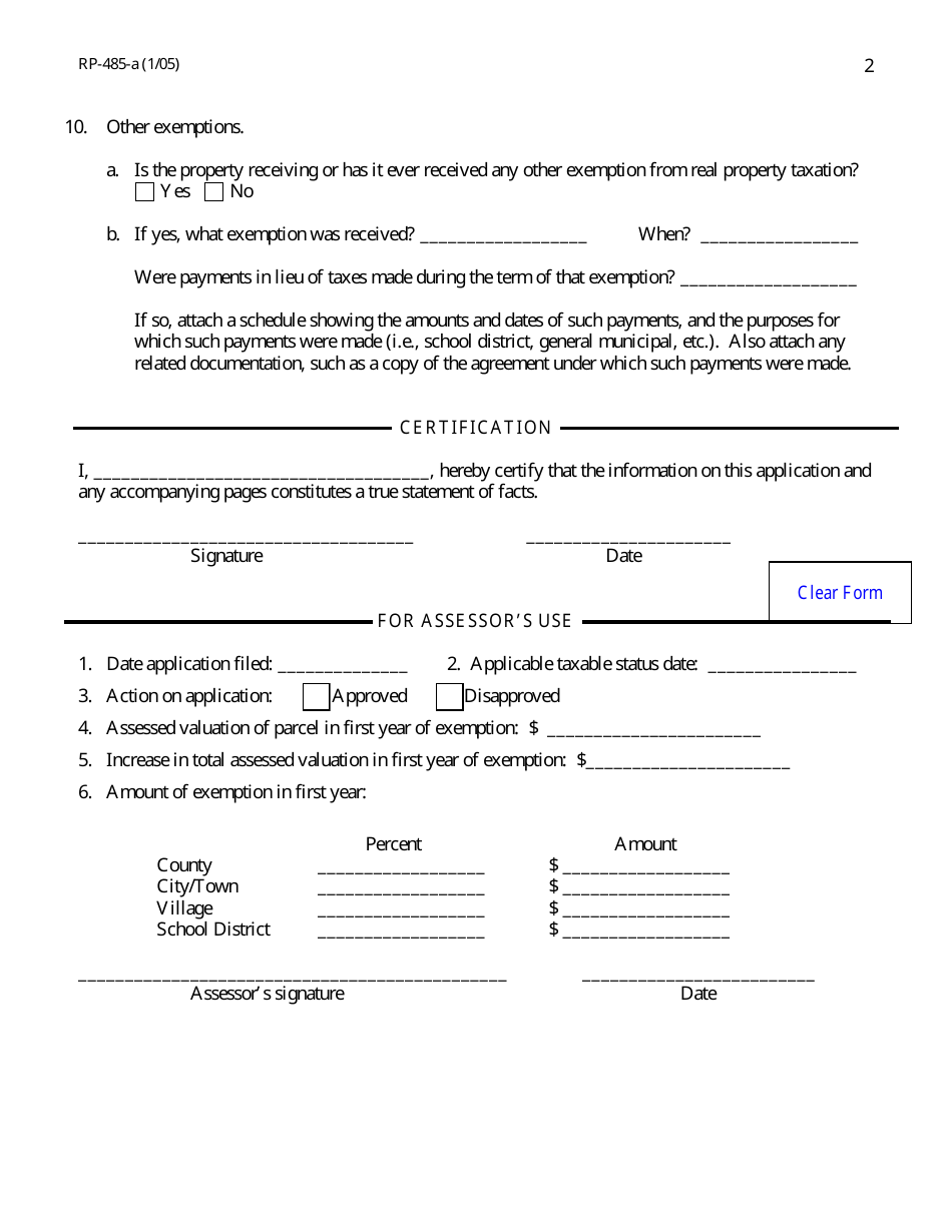 Form RP-485-A Application for Real Property Tax Exemption for Residential-Commercial Urban Exemption Program - New York, Page 2