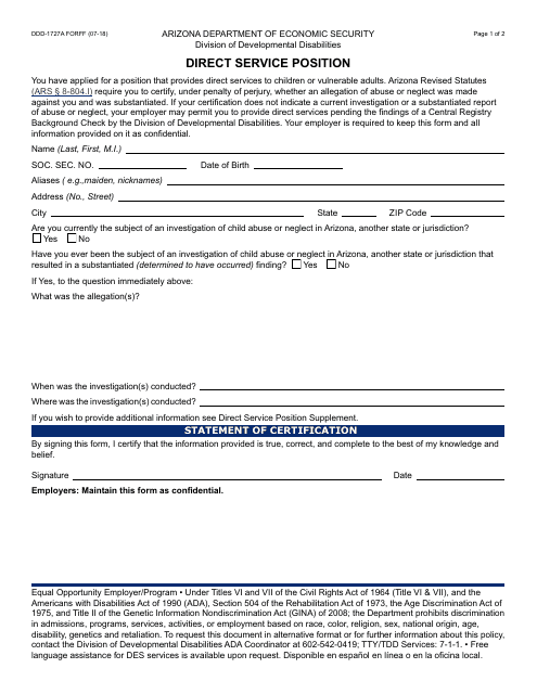 Form DDD-1727A FORFF Direct Service Position - Arizona