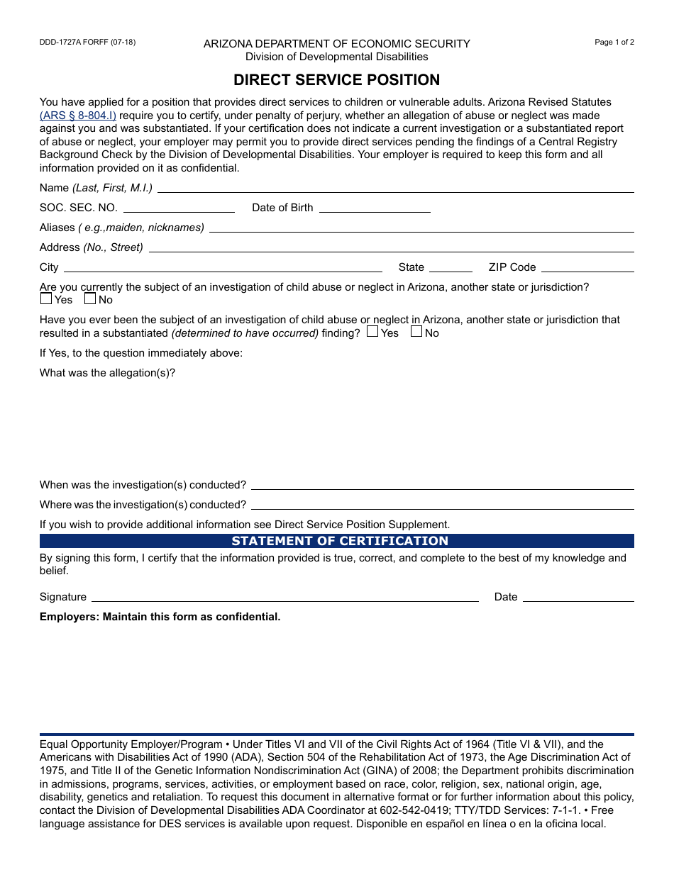 Form DDD-1727A FORFF Direct Service Position - Arizona, Page 1