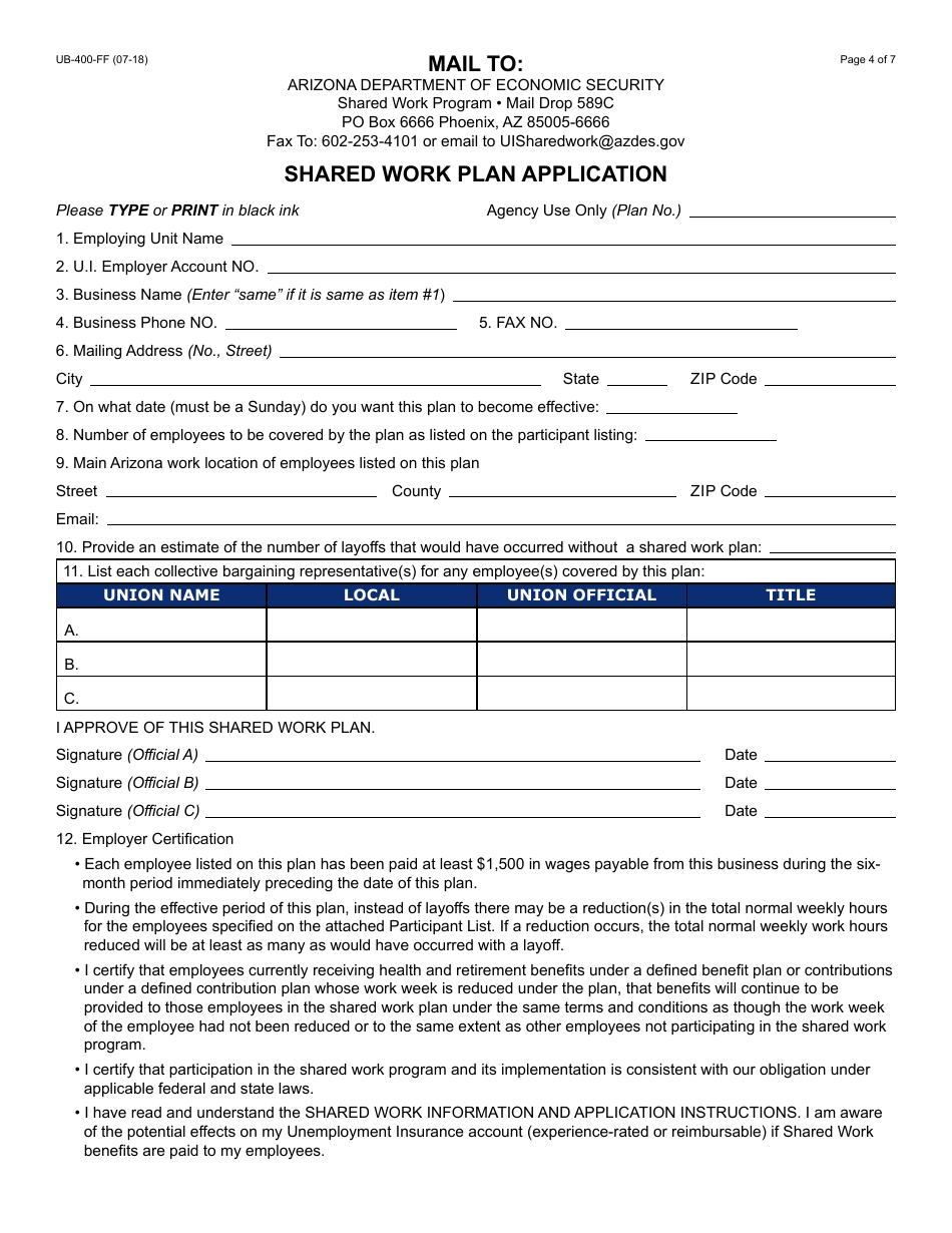 Form UB-400-FF Shared Work Plan Application - Arizona, Page 5