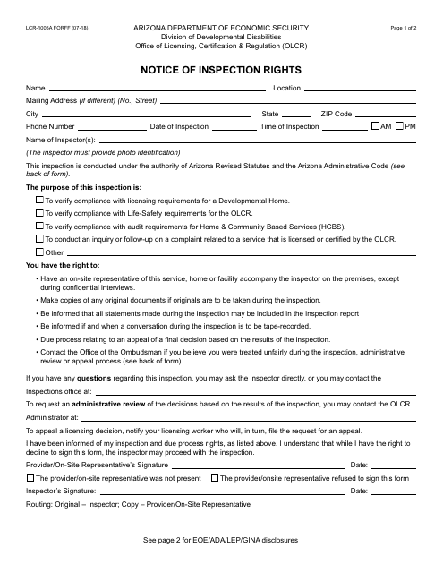 Form LCR-1005A FORFF Notice of Inspection Rights - Arizona