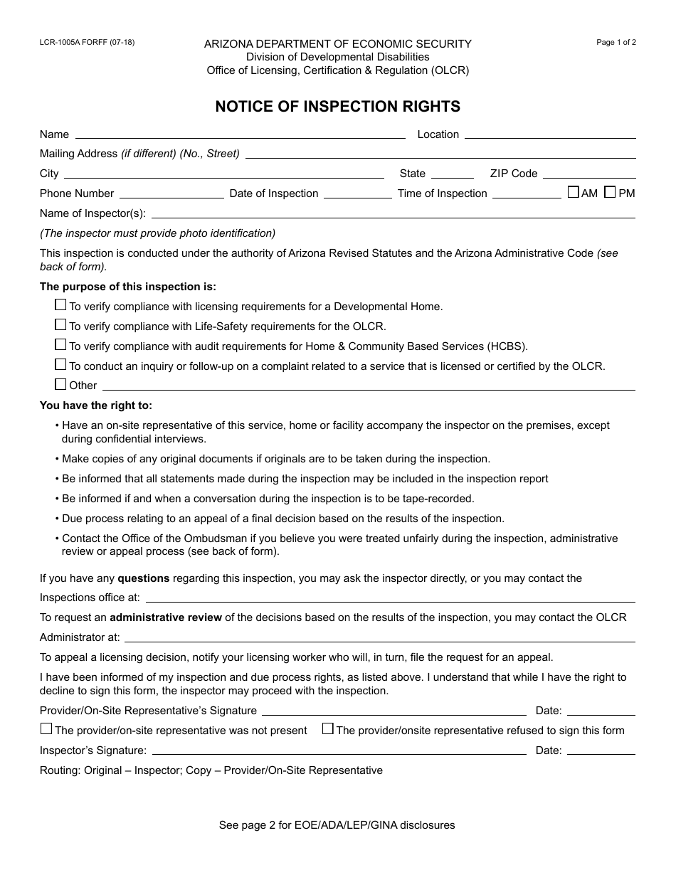 Form LCR-1005A FORFF Notice of Inspection Rights - Arizona, Page 1