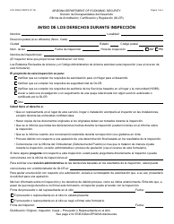 Formulario LCR-1005A FORFFS Aviso De Los Derechos Durante Inspeccion - Arizona (Spanish)