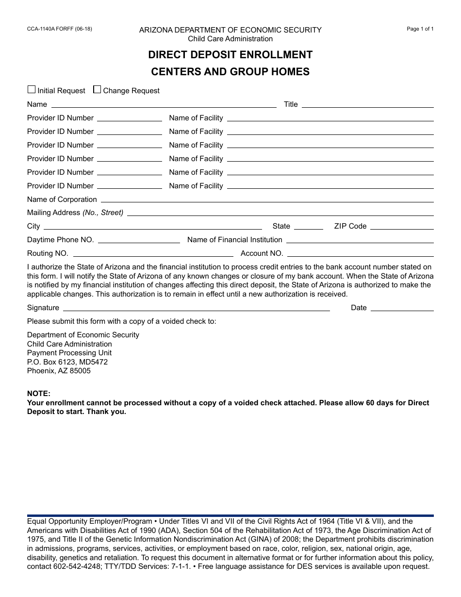 Form CCA-1140A FORFF Direct Deposit Enrollment - Centers and Group Homes - Arizona, Page 1