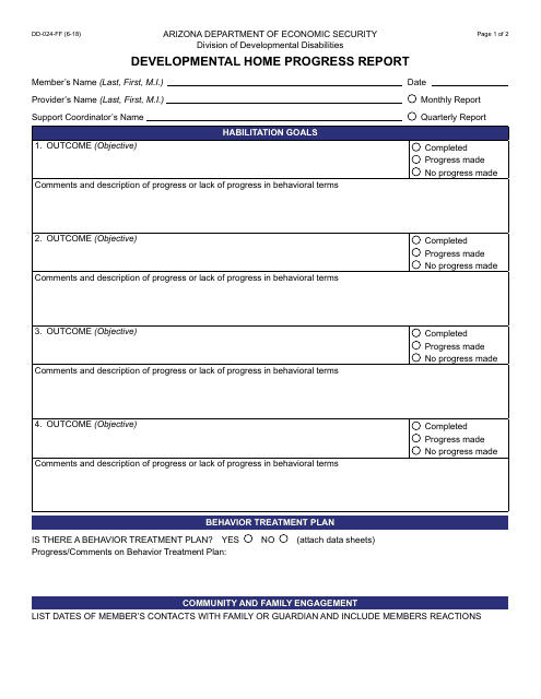 Form DD-024-FF Developmental Home Progress Report - Arizona
