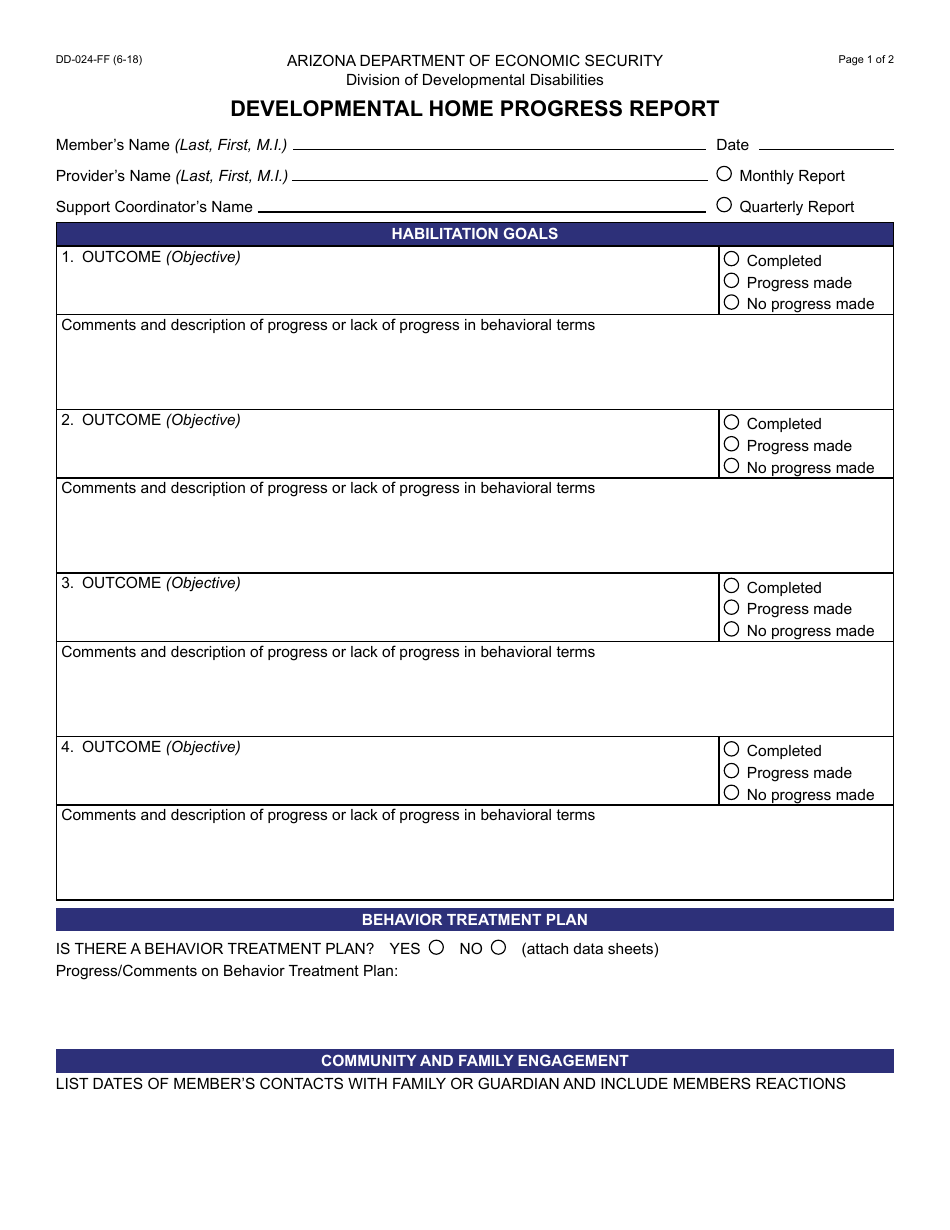 Form DD-024-FF Developmental Home Progress Report - Arizona, Page 1