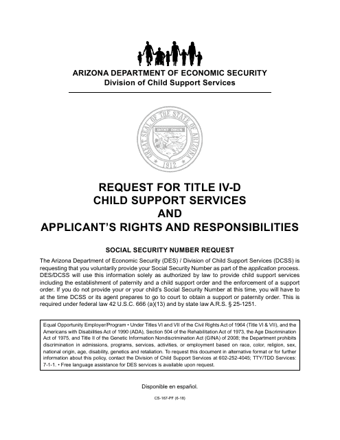 Form CS-167-PF Request for Title IV-D Child Support Services and Applicant's Rights and Responsibilities - Arizona