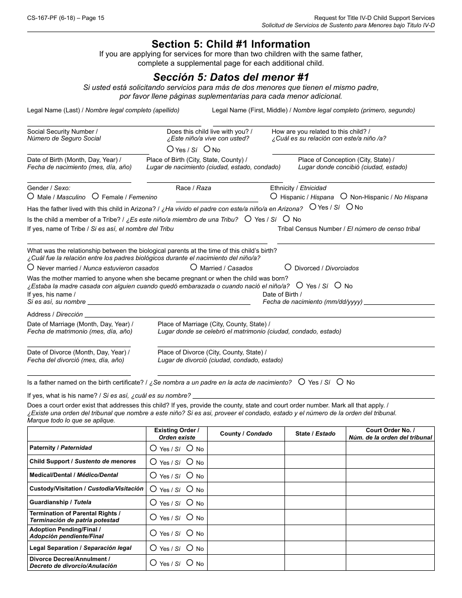 Form CS-167-PF Request for Title IV-D Child Support Services and Applicants Rights and Responsibilities - Arizona, Page 15