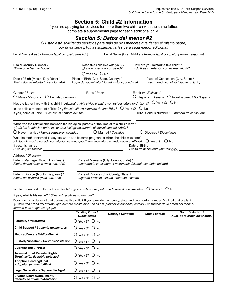 Form CS-167-PF Request for Title IV-D Child Support Services and Applicants Rights and Responsibilities - Arizona, Page 16