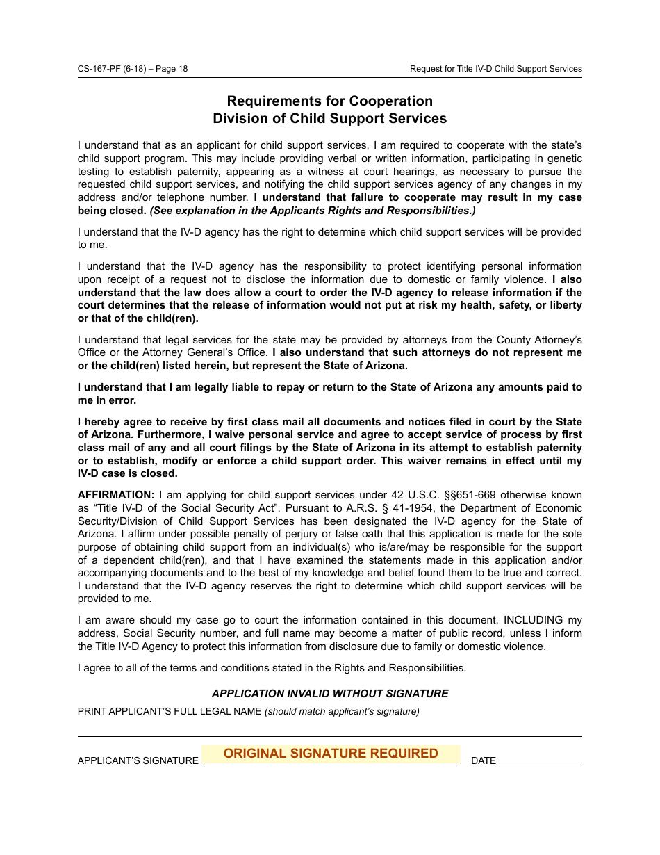 Form CS-167-PF Request for Title IV-D Child Support Services and Applicants Rights and Responsibilities - Arizona, Page 18