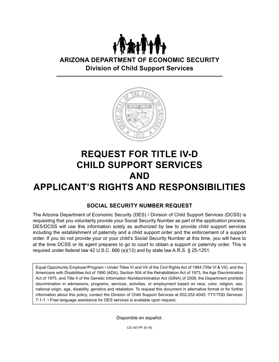 Form CS-167-PF Request for Title IV-D Child Support Services and Applicants Rights and Responsibilities - Arizona, Page 1