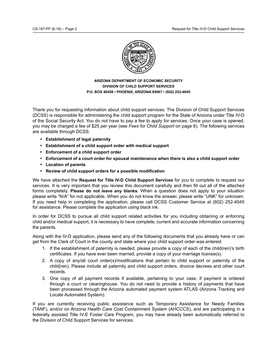 Form CS-167-PF Request for Title IV-D Child Support Services and Applicants Rights and Responsibilities - Arizona, Page 2