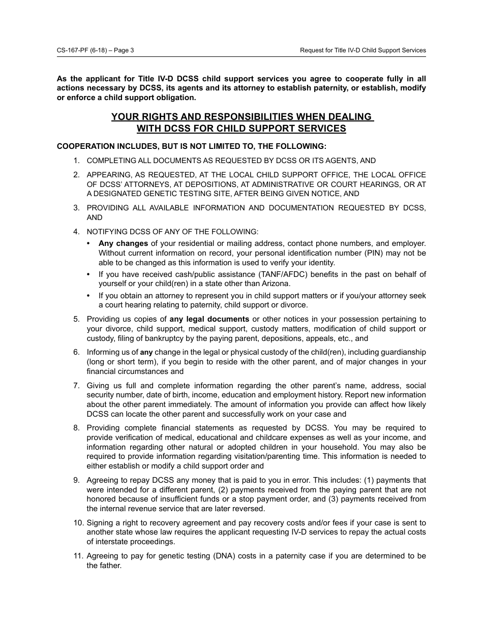Form CS-167-PF Request for Title IV-D Child Support Services and Applicants Rights and Responsibilities - Arizona, Page 3
