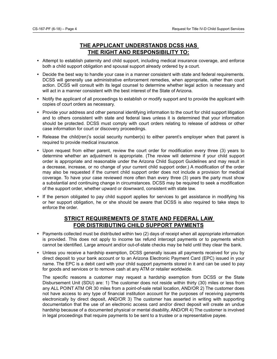 Form CS-167-PF Request for Title IV-D Child Support Services and Applicants Rights and Responsibilities - Arizona, Page 4