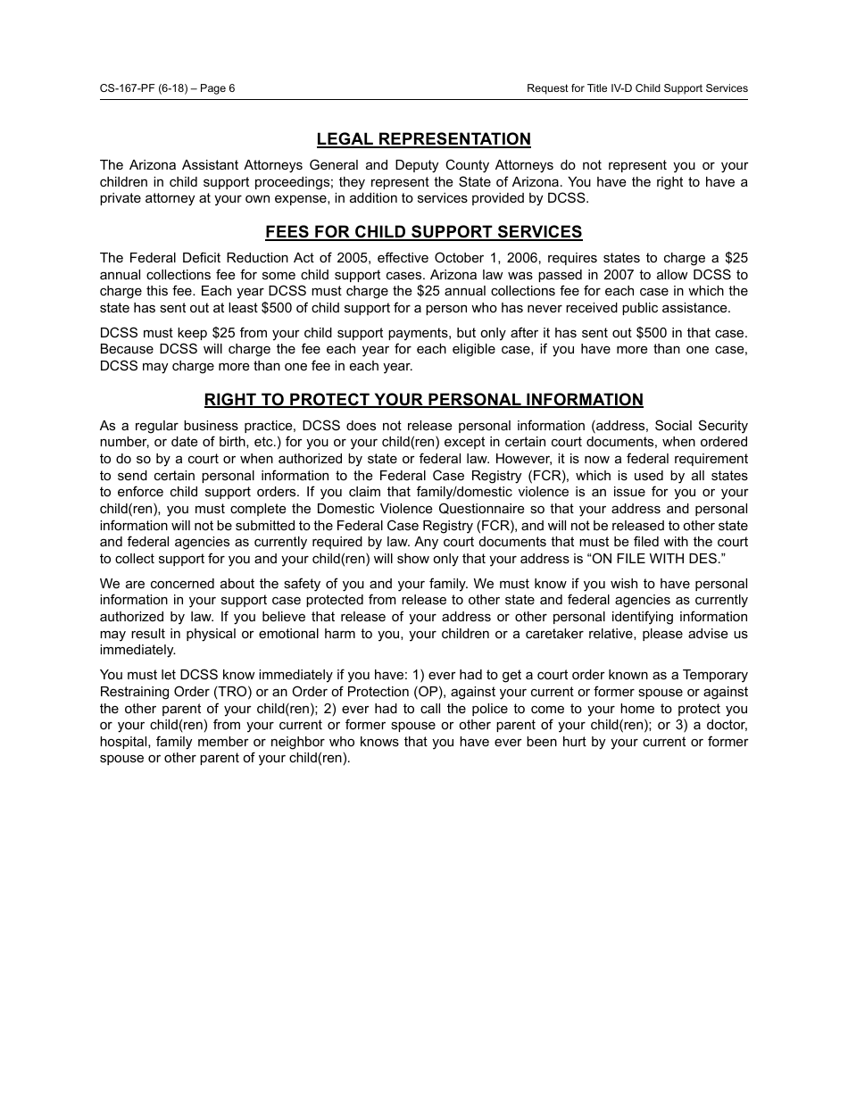 Form CS-167-PF Request for Title IV-D Child Support Services and Applicants Rights and Responsibilities - Arizona, Page 6