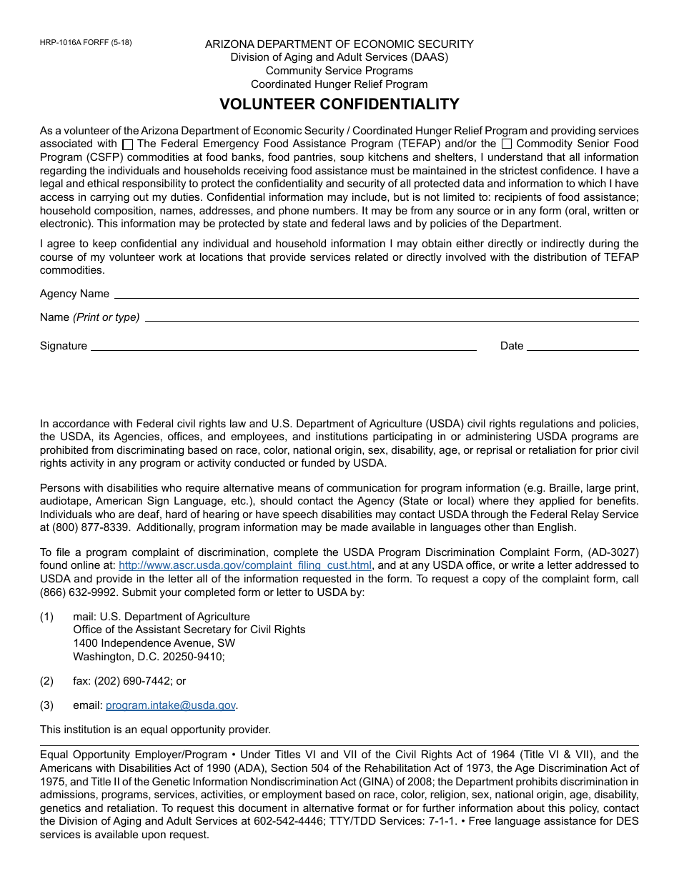 Form HRP-1016A FORFF Volunteer Confidentiality - Arizona, Page 1