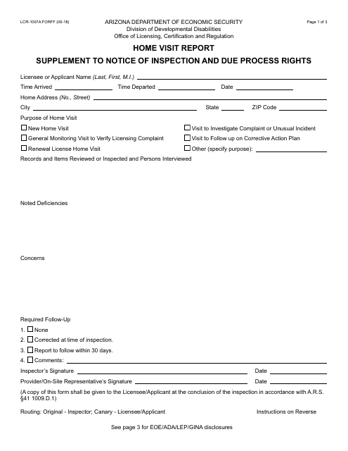 Form LCR-1007A FORFF Home Visit Report Supplement to Notice of Inspection and Due Process Rights - Arizona