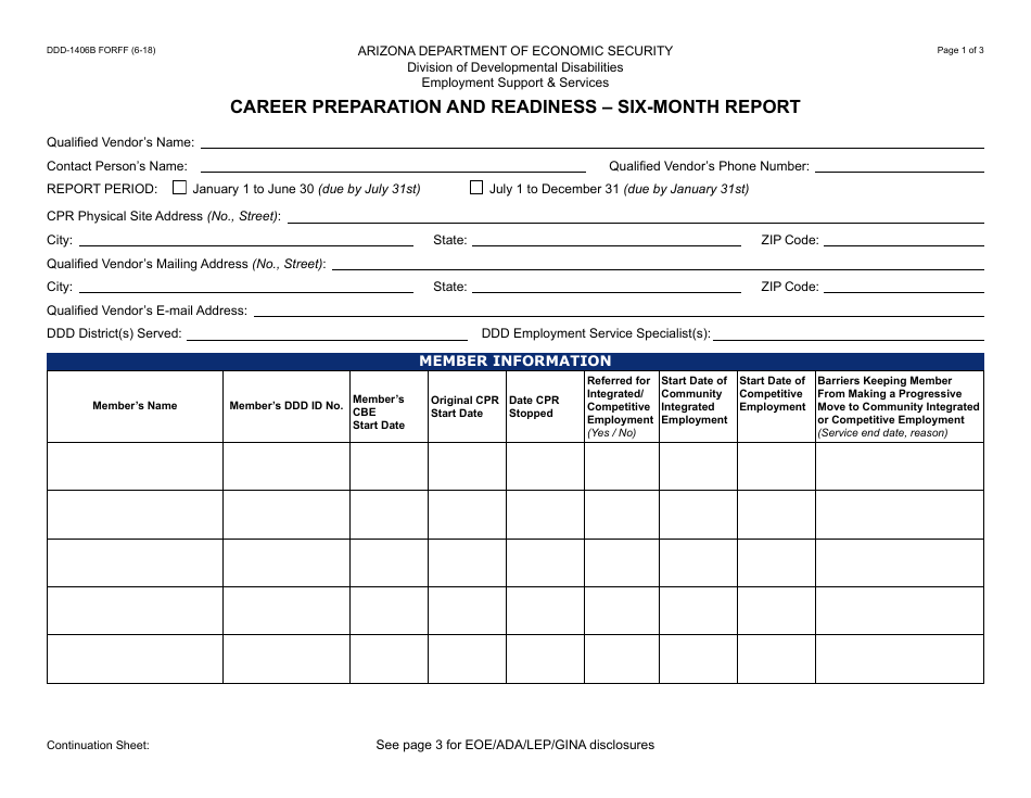 Form DDD-1406B FORFF Career Preparation and Readiness - Six-Month Report - Arizona, Page 1