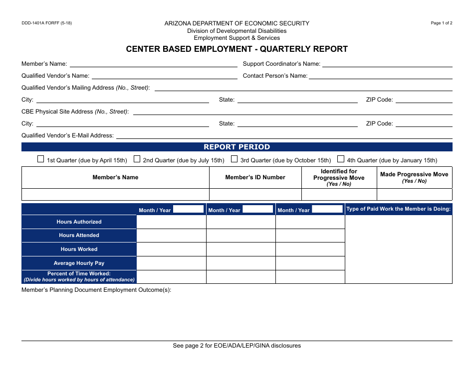 Form DDD-1401A FORFF Center Based Employment - Quarterly Report - Arizona, Page 1