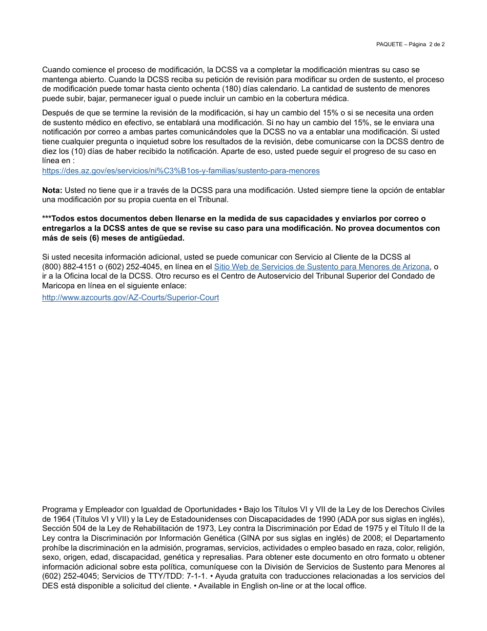 Form CSE-1178A FORFFS Paquete De Modificacion De Sustento Para Menores - Arizona, Page 2