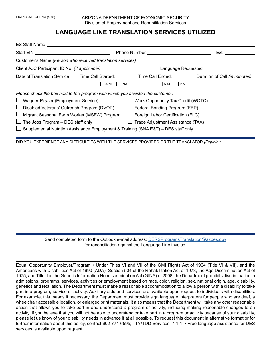 Form ESA-1338A FORENG Language Line Translation Services Utilized - Arizona, Page 1