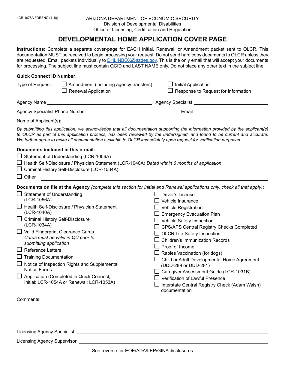 Form LCR-1078A FORENG Developmental Home Application Cover Page - Arizona, Page 1