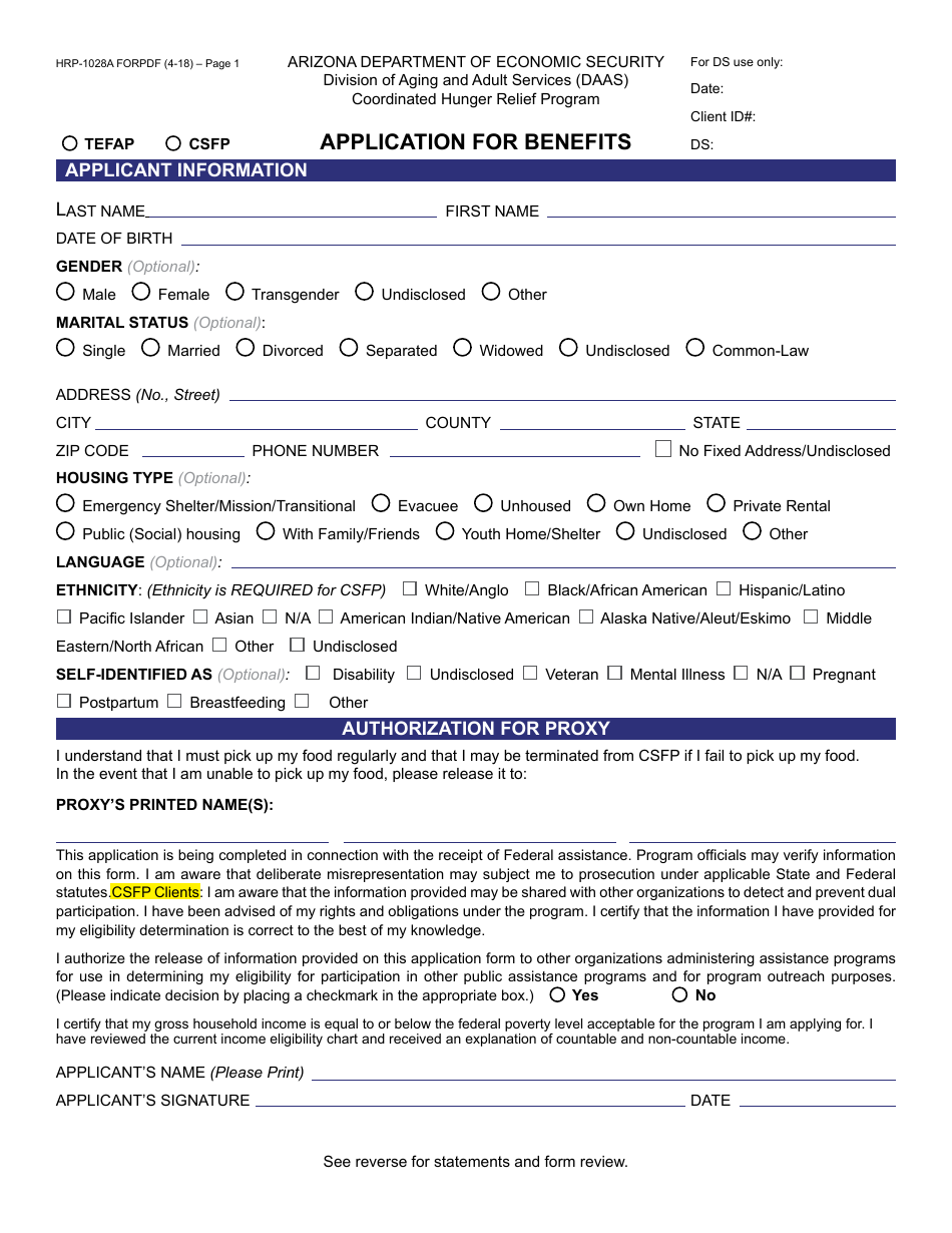 Form HRP-1028A FORPDF Application for Benefits - Arizona, Page 1