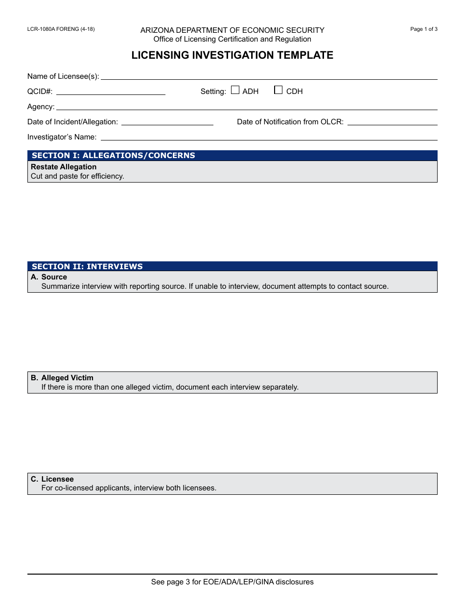 Form LCR-1080A FORENG Licensing Investigation Template - Arizona, Page 1