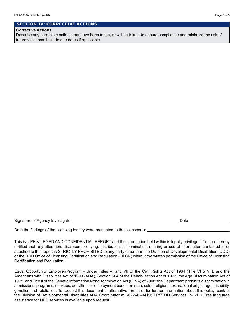 Form LCR-1080A FORENG Licensing Investigation Template - Arizona, Page 3