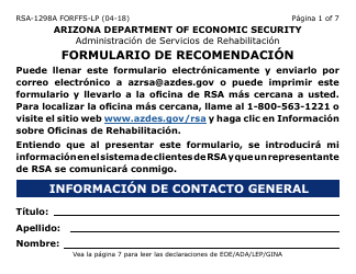 Document preview: Formulario RSA-1298A FORFFS-LP Formulario De Recomendacion - Arizona (Spanish)