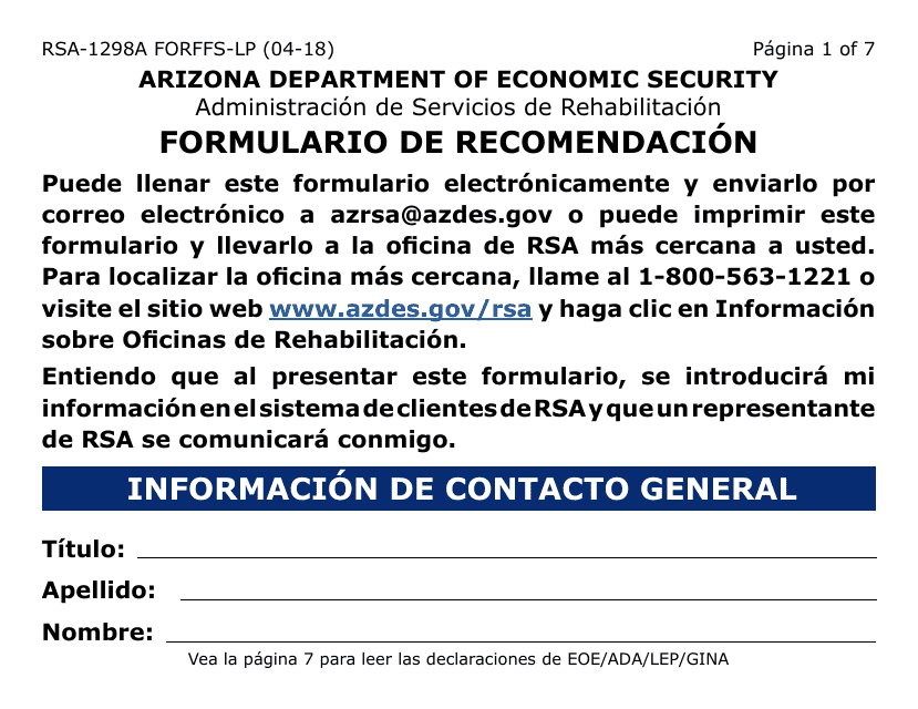 Formulario RSA-1298A FORFFS-LP Formulario De Recomendacion - Arizona (Spanish)